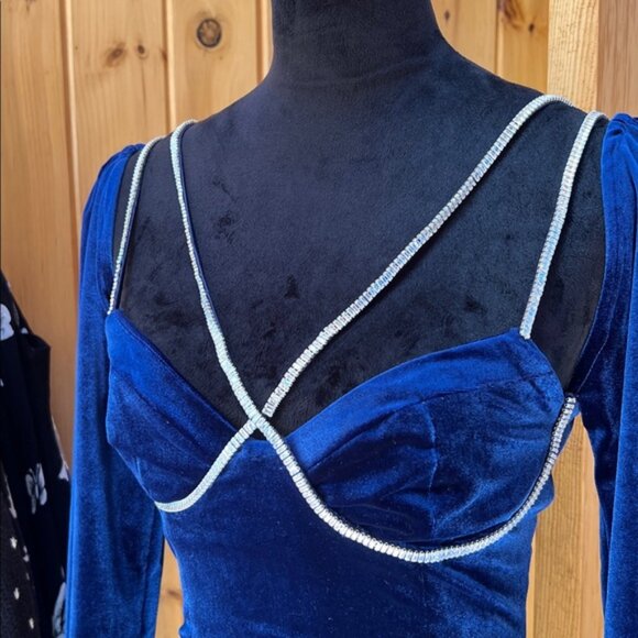 House of CB dress Mistress Rocks velvet Blue Crystal Mini event night party S - Picture 7 of 15